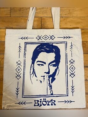 Bjork Tote Bag By Q-Tees Blue Block Print Style Portrait & Geometric Boarders
